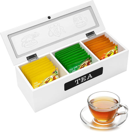 Small Tea Box Wood Tea Bag Organizer Holder White 3 Compartment Slots Box for Storage and Display Slim Caddy Bags with Wooden Divided Chest Mini Countertop Sugar Packet Container Small Space Antique