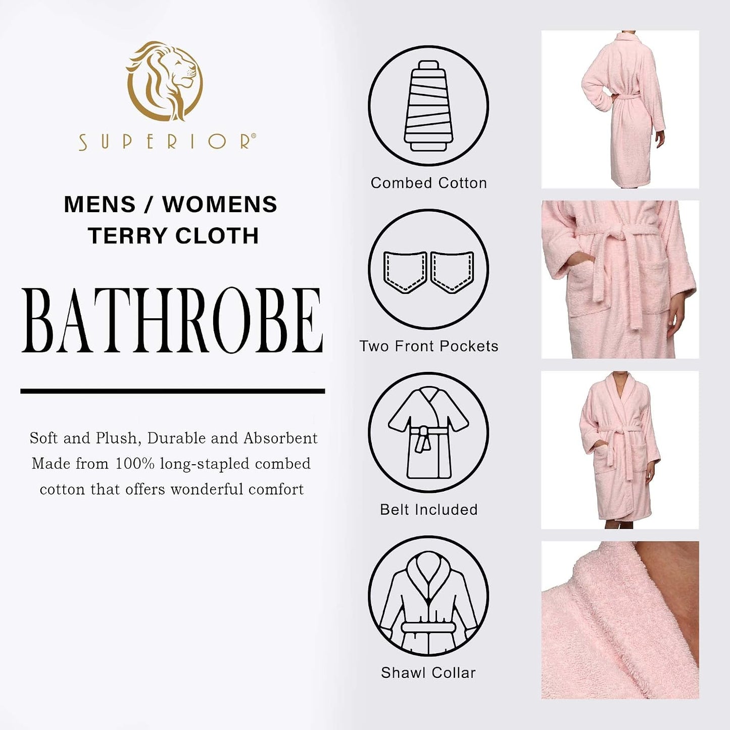Cotton Unisex Terry Robe, Soft And Absorbent Robes For Men And Women, Bathroom Accessories