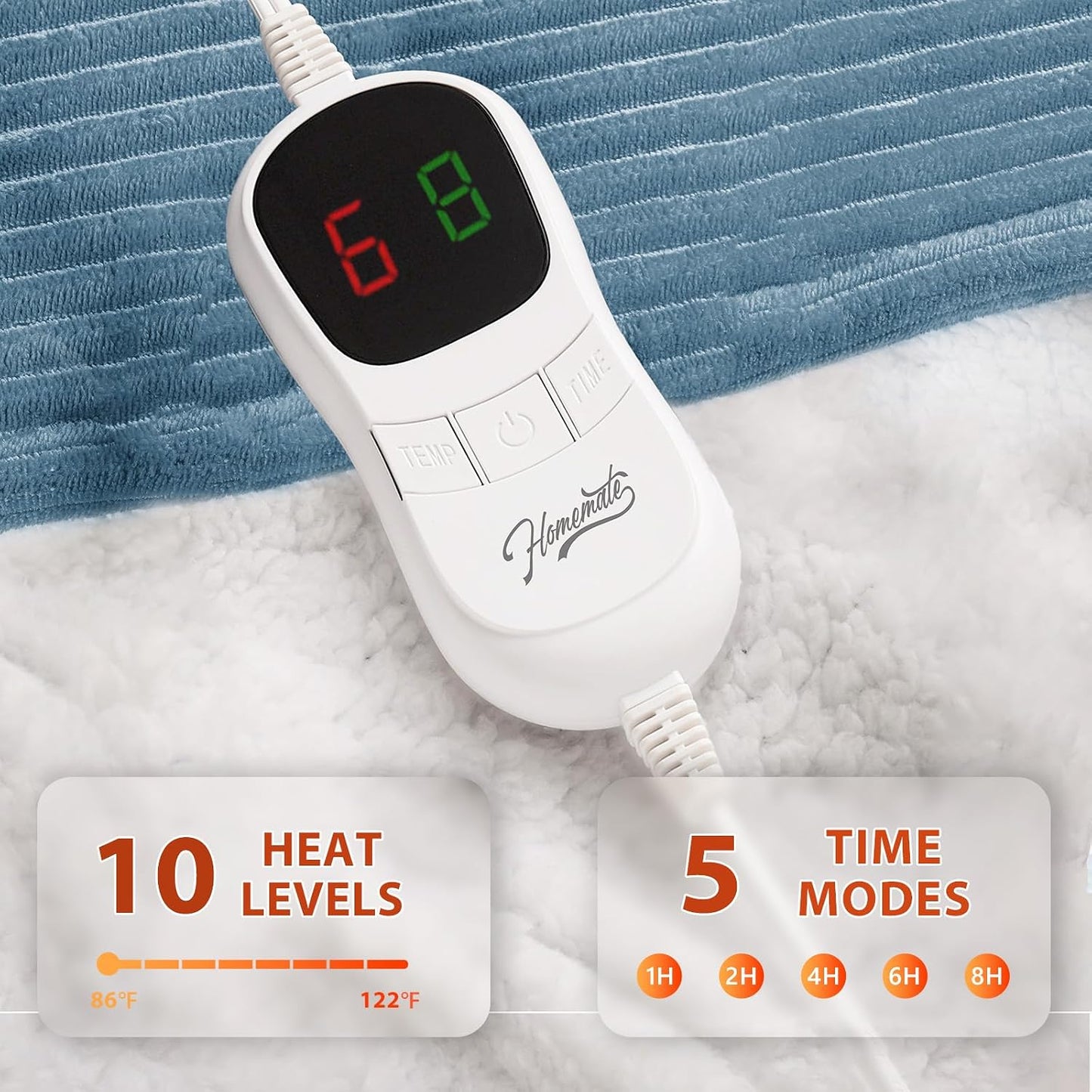 Homemate Heated Blanket Electric Throw - 50"x60" Heating Blanket Throw 1/2/4/6/8 Hours Auto-Off 10 Heat Levels Over-Heat Protection Soft Flannel Sherpa Heater ETL Certification
