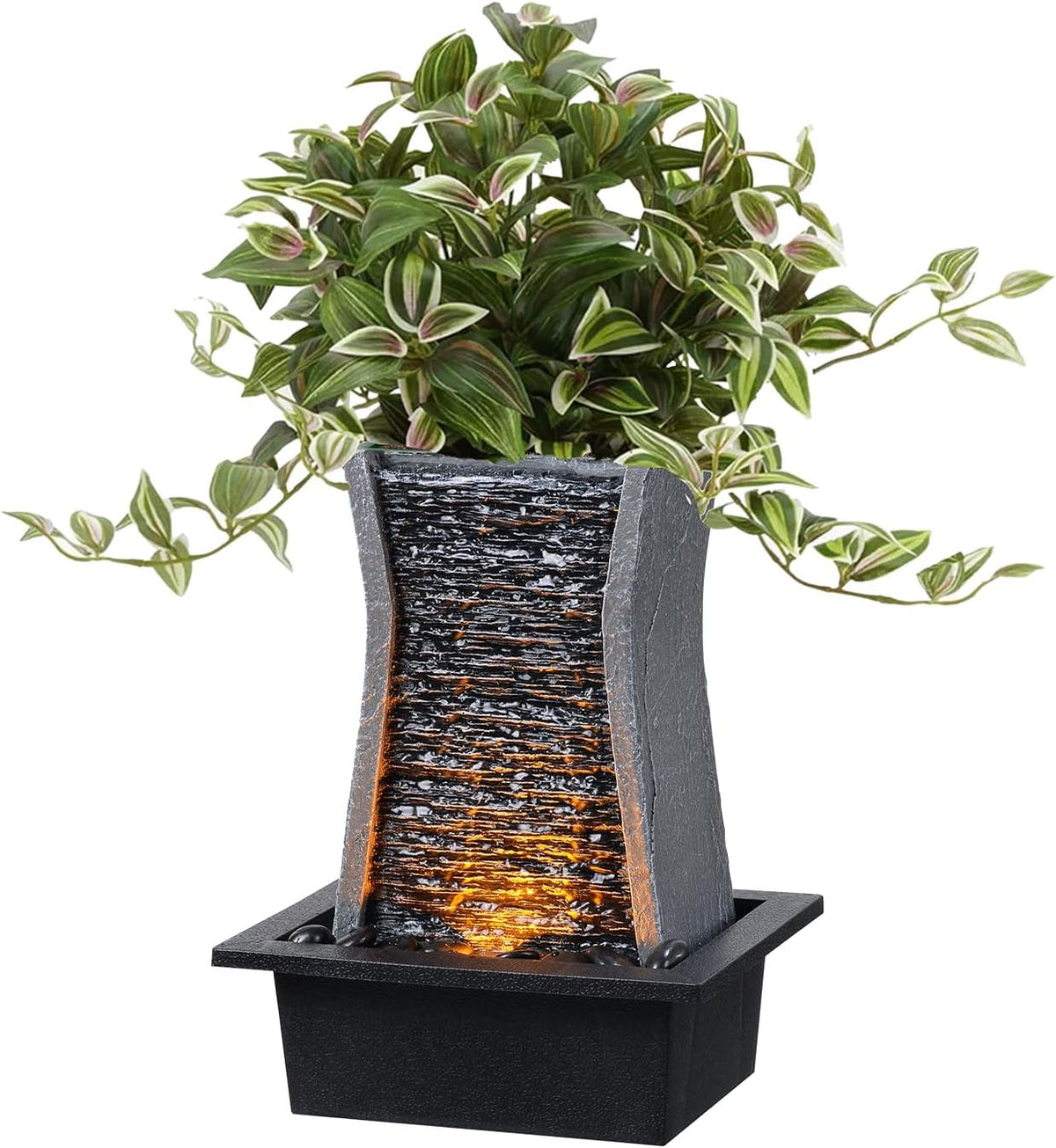 GOSSI 3-Tier Stone Wall Tabletop Water Fountain with Natural River Rocks, LED Lights, Zen Meditation Waterfall for Office and Home Decor, Relaxing Desktop Fountain, Christmas Decoration