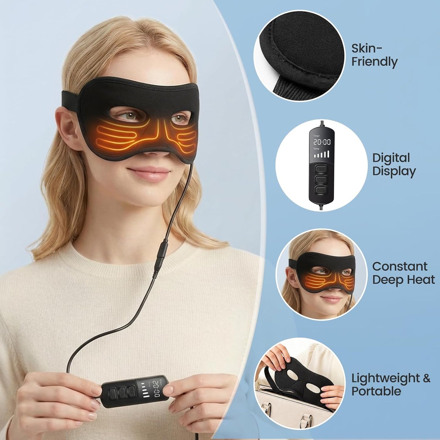 Heated Face Mask for Sinus Pressure Relief, Electric Heated Sinus Mask with 5 Heat & 6 Time Settings, Adjustable Face Heating Pad for Sinuses, Hormone Migraine, Tension Headache Relief (Black)