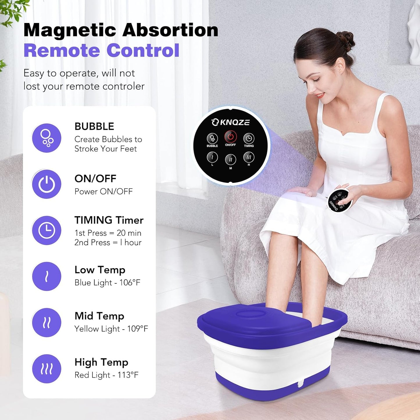 KNQZE Collapsible Foot Spa Bath with Heat & Remote Control, Bubble Massage, Temperature Control, Red Light, Timer, 16 Rollers & Pumice Stone for a Soothing Spa Experience