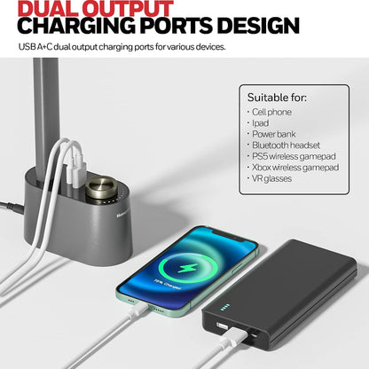 Honeywell Sunturalux™ LED Desk Lamp with USB Charging Ports HWT-H01 - Stepless Dimmable Eye Caring Desk Light for Home Office Bedroom Bedside College Dorm, Foldable Table Lamp Reading Lamp Black