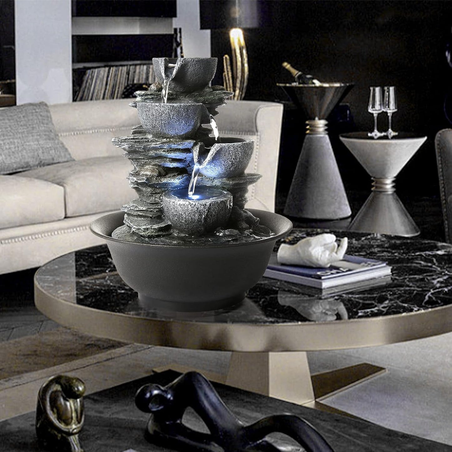 WICHEMI Indoor Fountain Tabletop Fountain Waterfall Fountains Stacked Rocks | Desktop Fountain With LED Light, Soothing Sound, Stress Relief, Humidifies Air, No Plumbing, Easy Setup, 11.8"X8.7"X5.9"