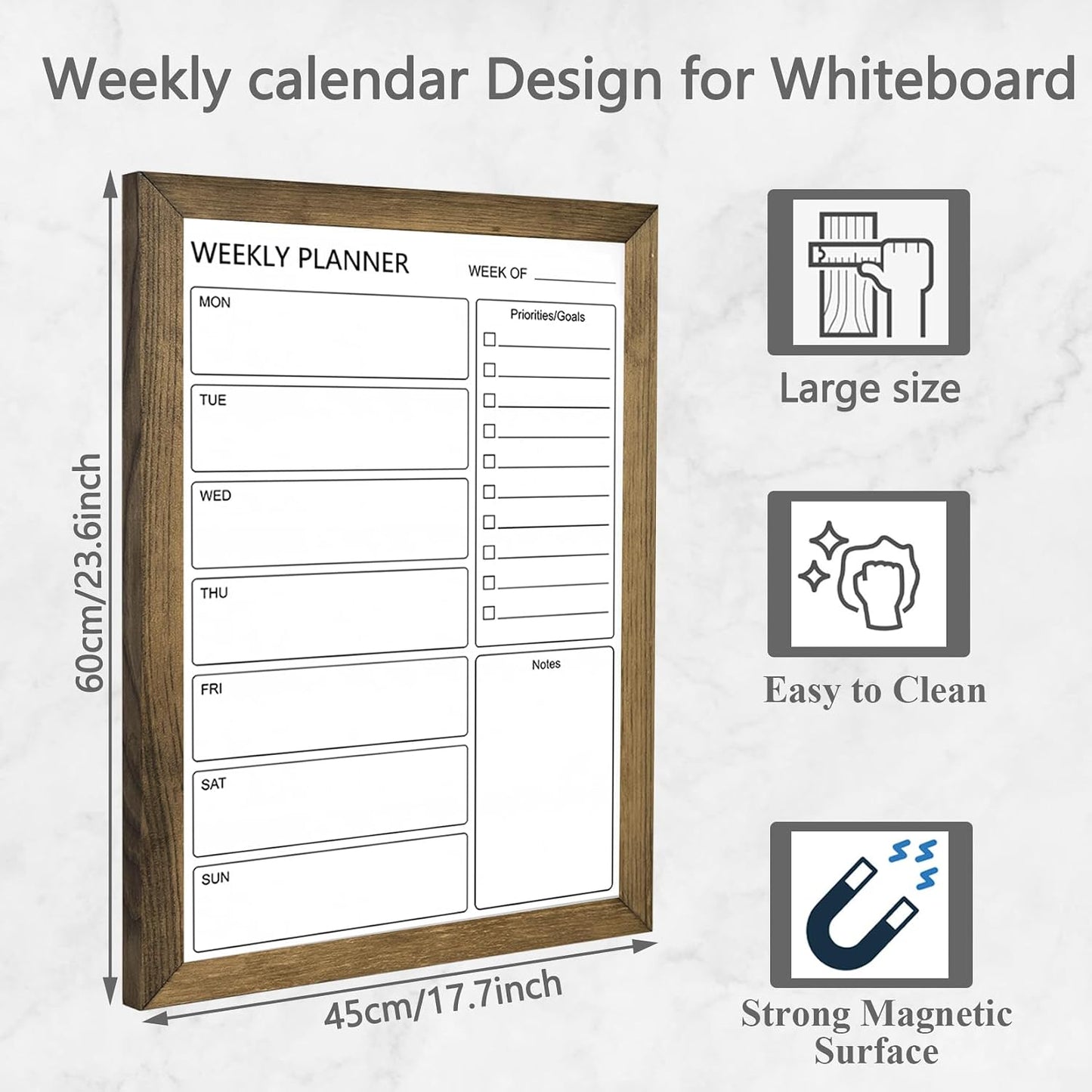 Dry Erase White Board Weekly Calendar Board, Magnetic Whiteboard for Wall,10.6“x14.7 Solid Wood Rustic Brown Framed Message Board, Planner Board for Office, Home, Schooll(Weekly-BB-RB-2737)