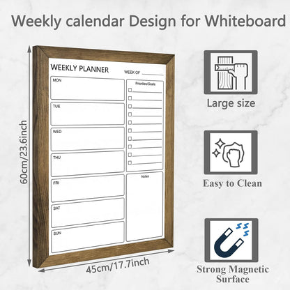 Dry Erase White Board Weekly Calendar Board, Magnetic Whiteboard for Wall,10.6“x14.7 Solid Wood Rustic Brown Framed Message Board, Planner Board for Office, Home, Schooll(Weekly-BB-RB-2737)