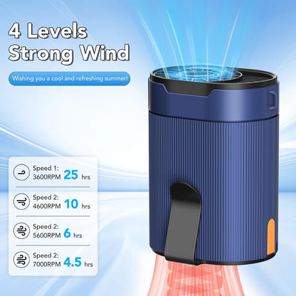 Portable Waist Fan, Rechargeable 3000mAh Battery, 25H Runtime, 6600RPM Turbo Dual Clip, 4 Speeds Adjustable, Belt Fans for Hiking, Riding, Fishing, Hands-Free Hanging Fan Gifts for Worker