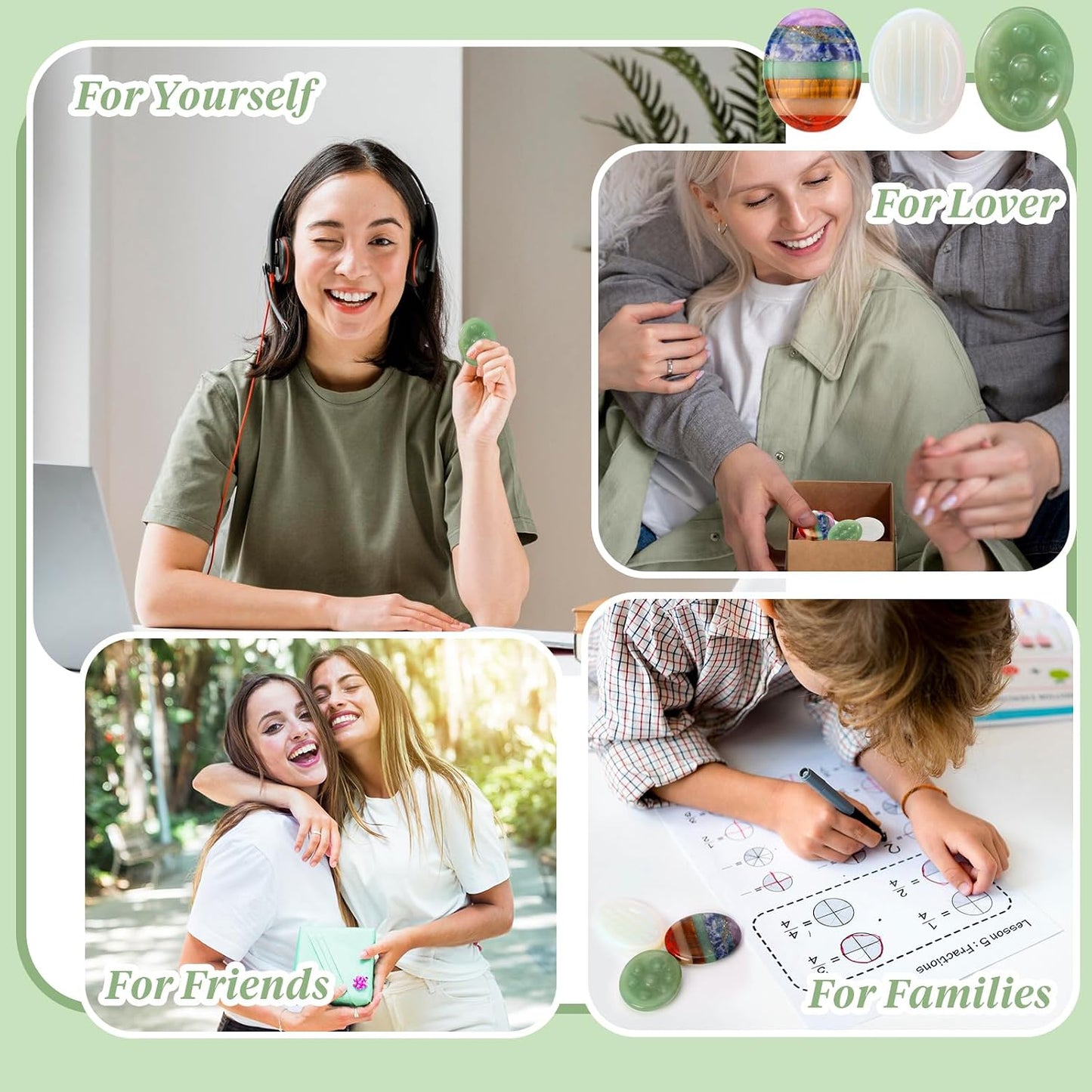 3 Pcs Thumb Worry Stones Green Aventurine Chakra Striped Opalite Anxiety Palm Stone Crystal Hand-Carved Healing Stones with 3 Kraft Cards Grounding Soothing Stones for Anxiety for Relief Meditation