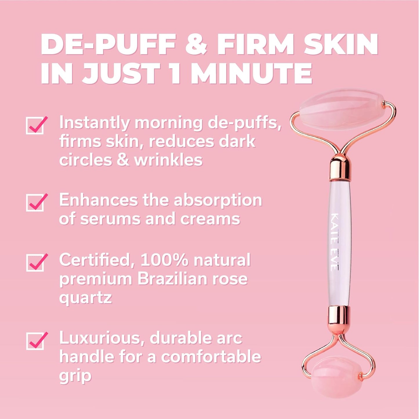 Kate Eve Rose Quartz Face Roller and Gua Sha Set, 100% Natural Brazilian Rose Quartz Facial Massage Tools, Luxury Skincare Gift Box