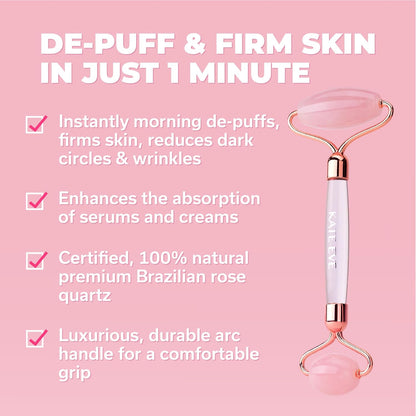 Kate Eve Rose Quartz Face Roller and Gua Sha Set, 100% Natural Brazilian Rose Quartz Facial Massage Tools, Luxury Skincare Gift Box