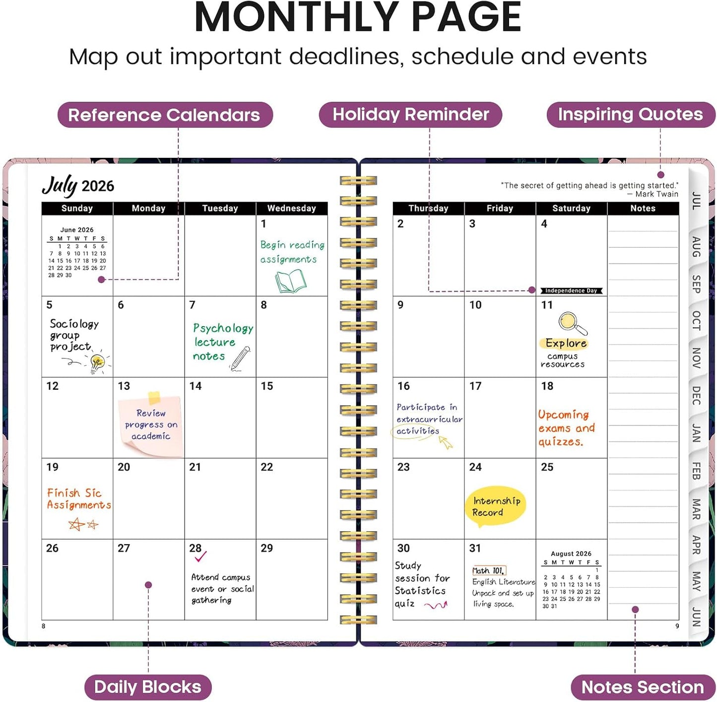 Planner 2026-2027, Academic Monthly and Weekly Calendar Planner for Women, July 2026 - June 2027, Hardcover Pretty Agenda Planner Book with Tabs, Spiral Daily Organizer for School Office Home Supplies, 6.3" x 8.5" - Blue Floral