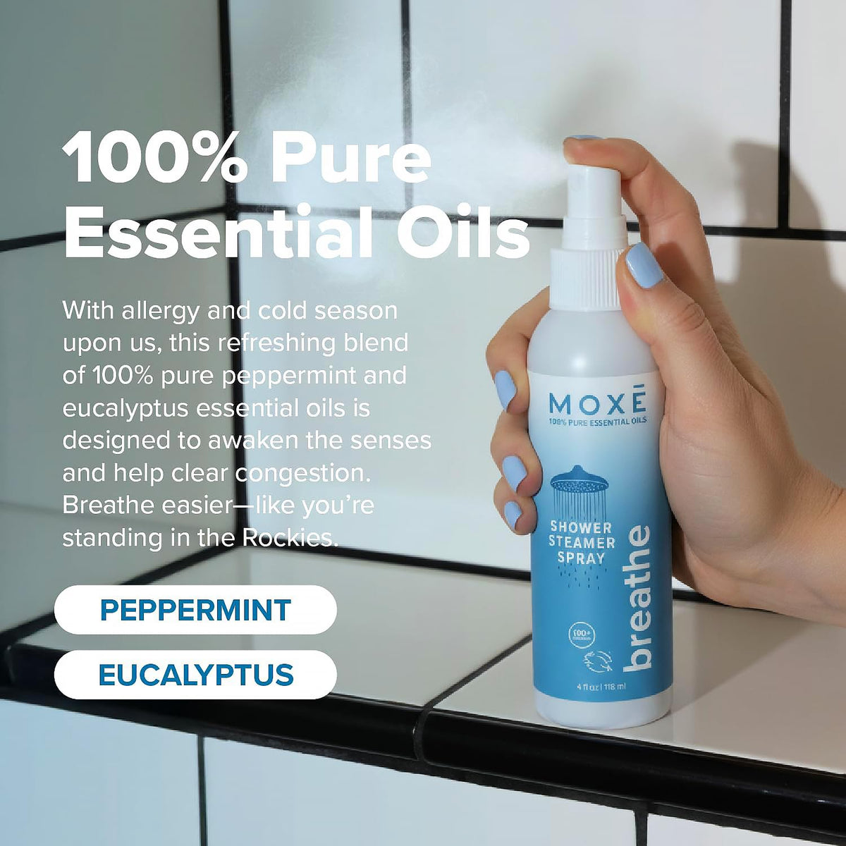 MOXĒ Eucalyptus Oil Shower Mist, Spa Steam Spray, Certified Natural 100% Essential Oils, Made in USA, Aromatherapy, Sinus Congestion Relief, Tension Relief, 4 Ounces