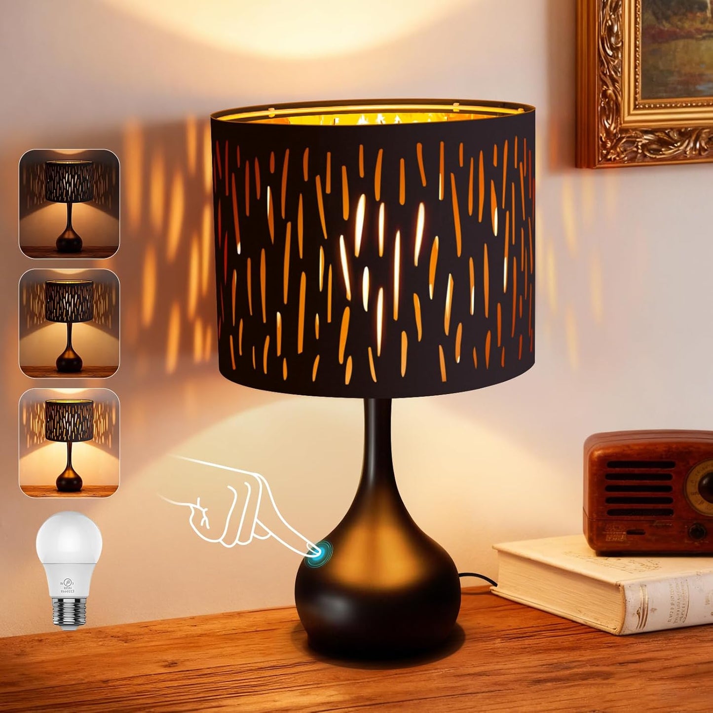ONEWISH Touch Bedside Lamp for Bedroom, 3-Way Dimmable Farmhouse Table Lamps for Nightstand with Fabric Shade, Desk Lamp for Kids Reading, Home Office