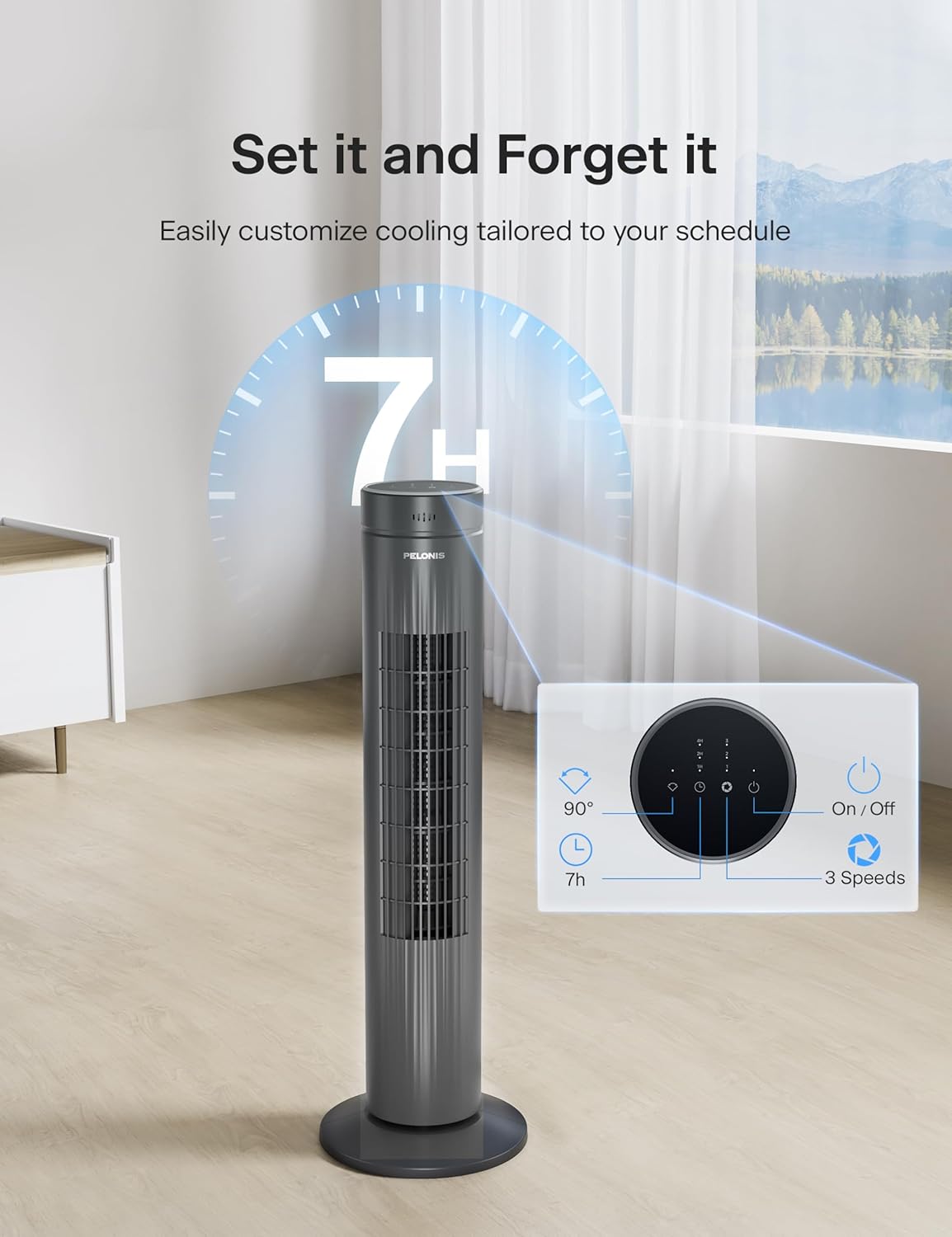 PELONIS 30 Inch Tower Fan for Bedroom, Quiet Oscillating Standing Fan with 3 Speeds, Portable Cooling Fan for Home Office Dorm Room, Auto-off Timer, Black, PFT28A2BBB