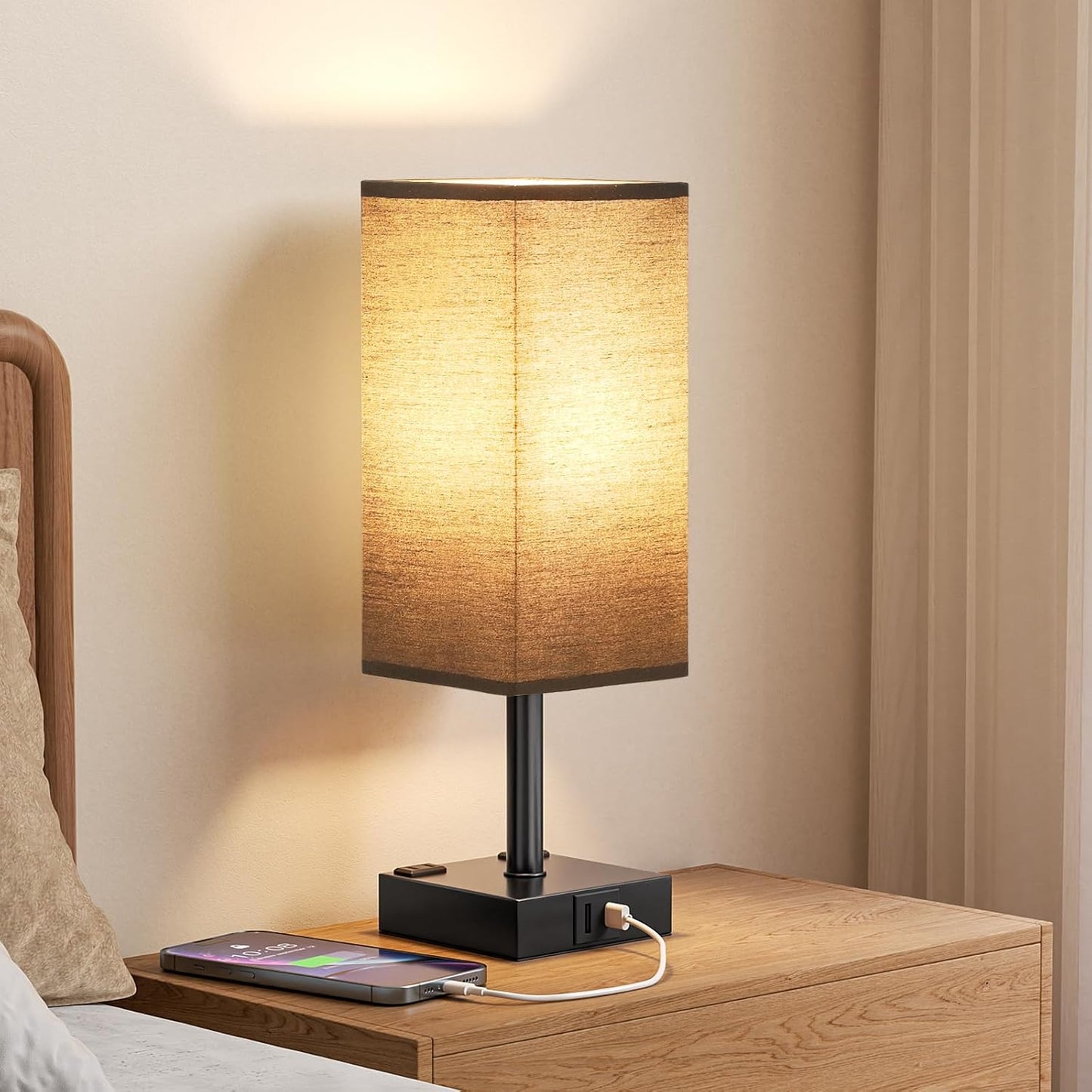 【Upgraded】Bedside Table Lamp Touch Control, with USB C+A Charging Ports & Dual AC Outlets, 3-Way Nightstand Lamp for Bedroom with LampShade Living Room Office(LED Dimmable Bulb Included)