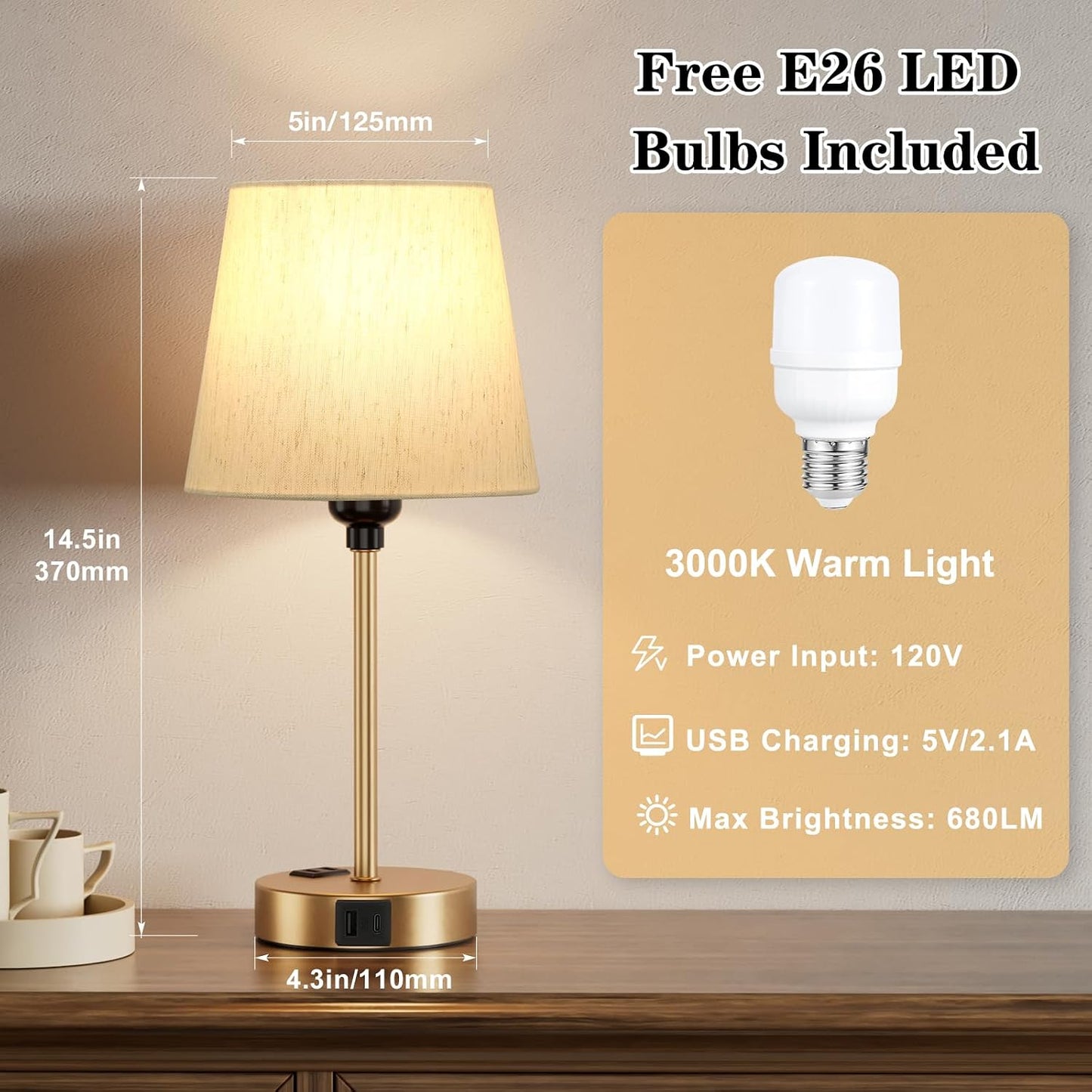 Mini Bedside Lamps for Bedrooms Set of 2 - Nightstand Bedroom Lamps with USB C Port and AC Outlet Charging, Dimmable Touch Small Bed Side Table Lamp, Black Night Stand Light for Kids/Guest Room