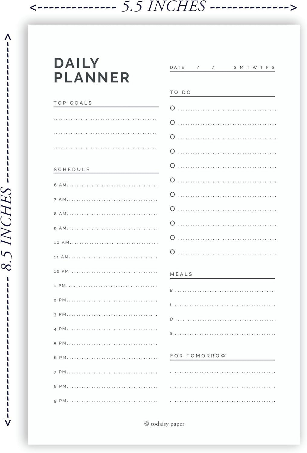 Daily Planner Notepad 5.5" x 8.5" To Do List with Hourly Schedule, Time Block Planning Pad, Desktop To Do List, 50 Sheets by Todaisy Paper