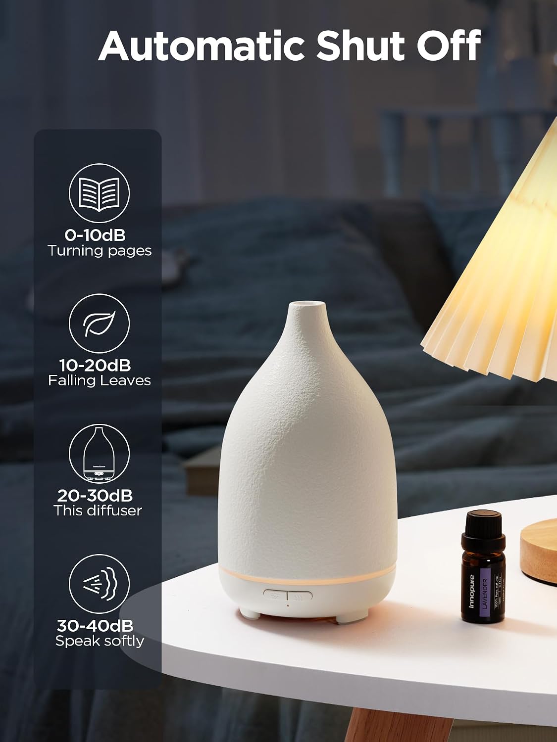 InnoGear Oil Diffuser, 300ML Ceramic Diffuser for Essential Oils Handcrafted Aromatherapy Diffuser Ultrasonic Cool Mist Humidifier with 4 Timers Waterless Auto Off for Room Office, White