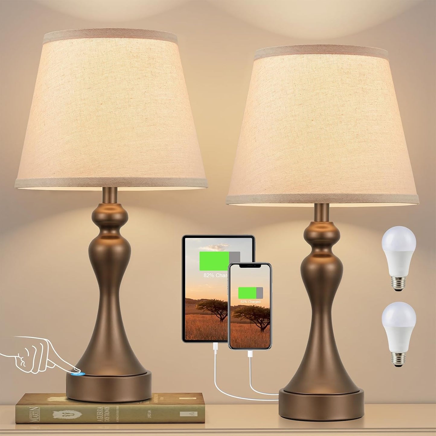 Seealle Touch Lamps for Nightstand - Bedside Lamps Set of 2, 3 Way Dimmable, USB C+A for Bedroom & End Tables (LED Bulbs Included)