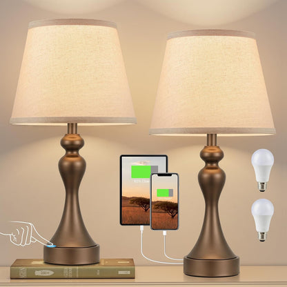 Touch Lamps for Nightstand, 3 Way Dimmable Bedside Lamps with USB C+A Ports