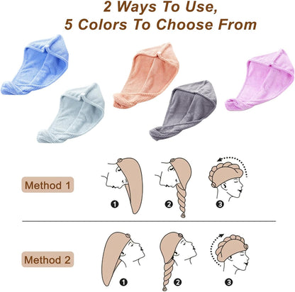 Soft Microfiber Hair Drying Towel Wrap, 5 Pack Elastic Hair Turbans for Fast Drying, Ideal for Women, Curly Wet Hair