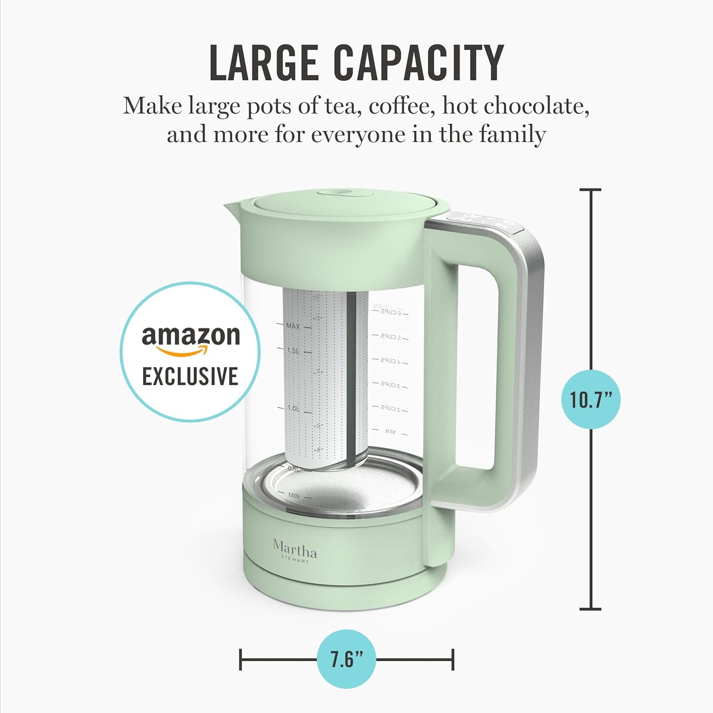 Martha Stewart Electric Kettle with Removable Stainless Steel Tea Infuser, Glass Carafe 1.7L (7 Cups), Hot Water Boiler, 4 Presets, Keep Warm & Auto Shut-Off, Cordless 360° Swivel Base, Honeydew Green