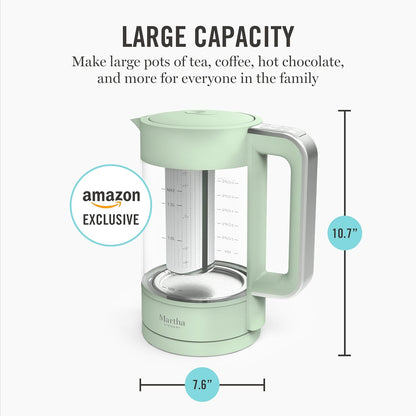 Martha Stewart Electric Kettle with Removable Stainless Steel Tea Infuser, Glass Carafe 1.7L (7 Cups), Hot Water Boiler, 4 Presets, Keep Warm & Auto Shut-Off, Cordless 360° Swivel Base, Honeydew Green