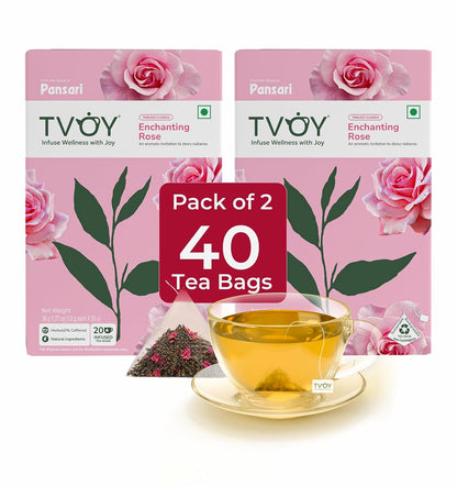 Tvoy Rose Green Tea Bags, 40 Pyramid Tea Bags, Individually Wrapped Bags