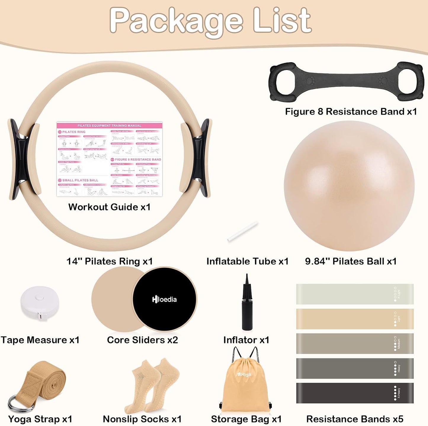 Hoedia Pilates Kit for Women, Pilates Equipment Ring and Ball Set with Resistance Bands, Yoga Strap, Core Sliders, Socks, Bag & Guide for Starter Home Workout Fitness Gym Essentials