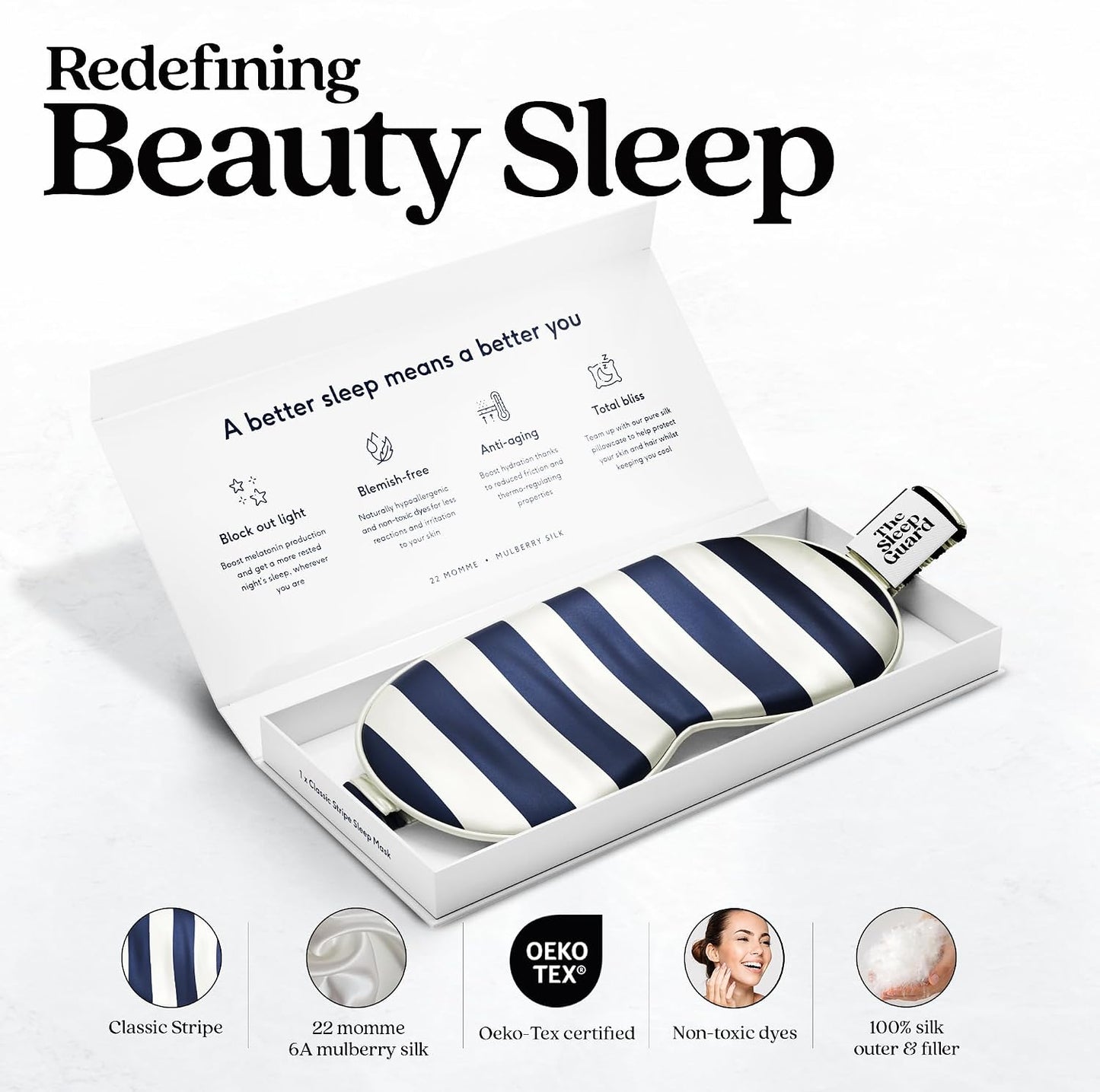 TheSleepGuard Pure Silk Sleep Mask [100% 6A Mulberry Silk, 22 Momme] Light Blocking Travel Essentials. Eye Masks for Sleeping. Black Oeko-Tex Blindfold. Eye Covers for Men & Women