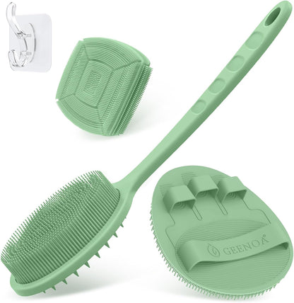 Silicone Back Scrubber & Bath Glove Set 2PCS, 13.4'' Gentle Shower Back Scrubber with Dual-Side Head Non-Slip Handle, 360° Anti-Slip Hand-fit Bath Glove for Rich Foaming Deep Cleaning(Black)