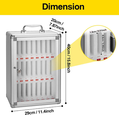 LOCKCURX 24-Slot Cell Phone Locker with Lock & Key, Heavy Duty Aluminum Acrylic Cell Phone Lock Box, Wall Mount Phone Locker Secure, Phone Jail for Classroom Office Retail, Silver