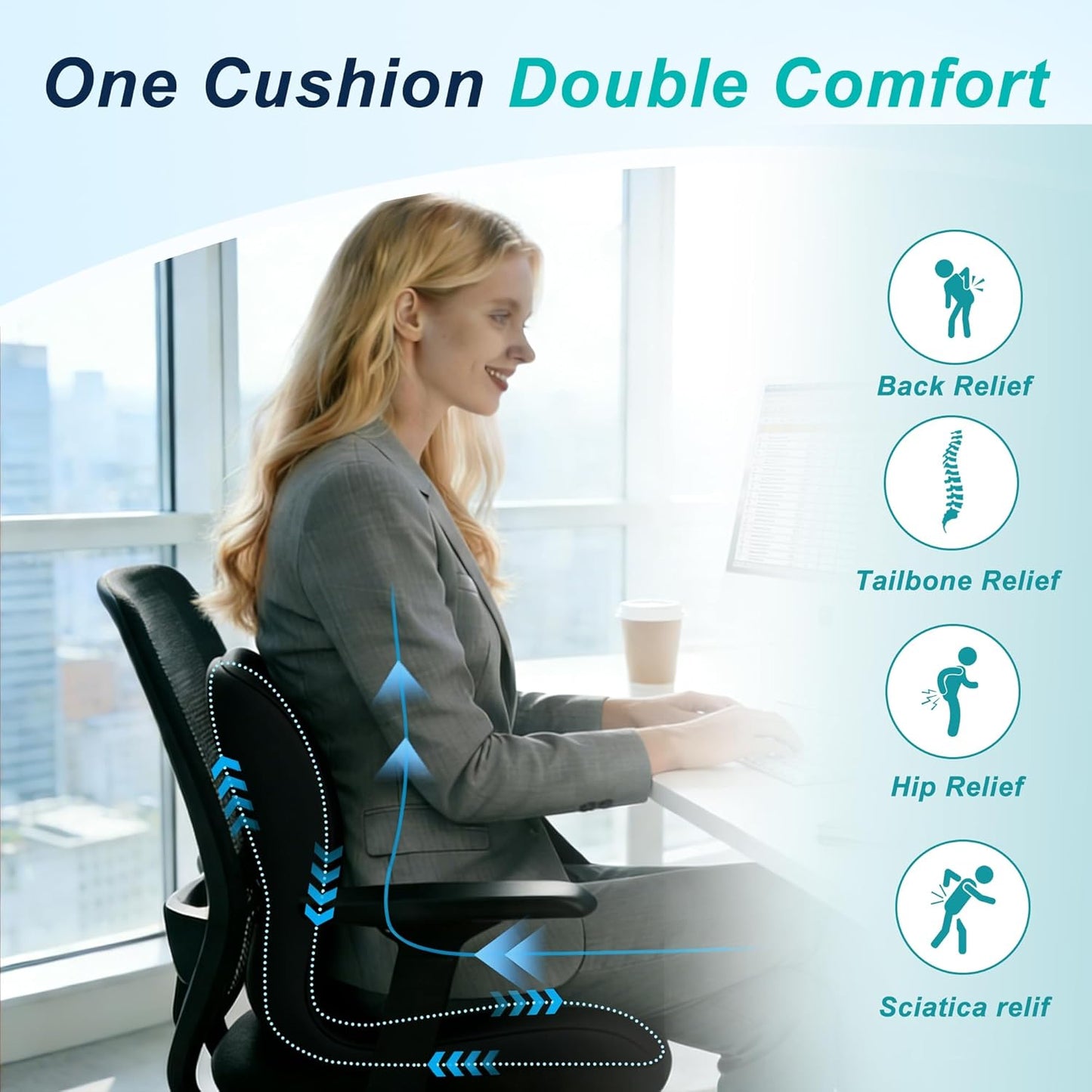 Seat Cushion for Office Chair and Car, Lumbar Support Pillow for Office Chair, Memory Foam Ergonomic Seat Cushion for Long Sitting, Back & Tailbone Pain, Sciatica - Dark Gray & Light Gray