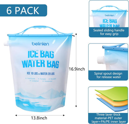 6 Pack Reusable Ice Bags for Cooler 5lb Cooler Ice Cube Bag with Sealed Sliding Handle