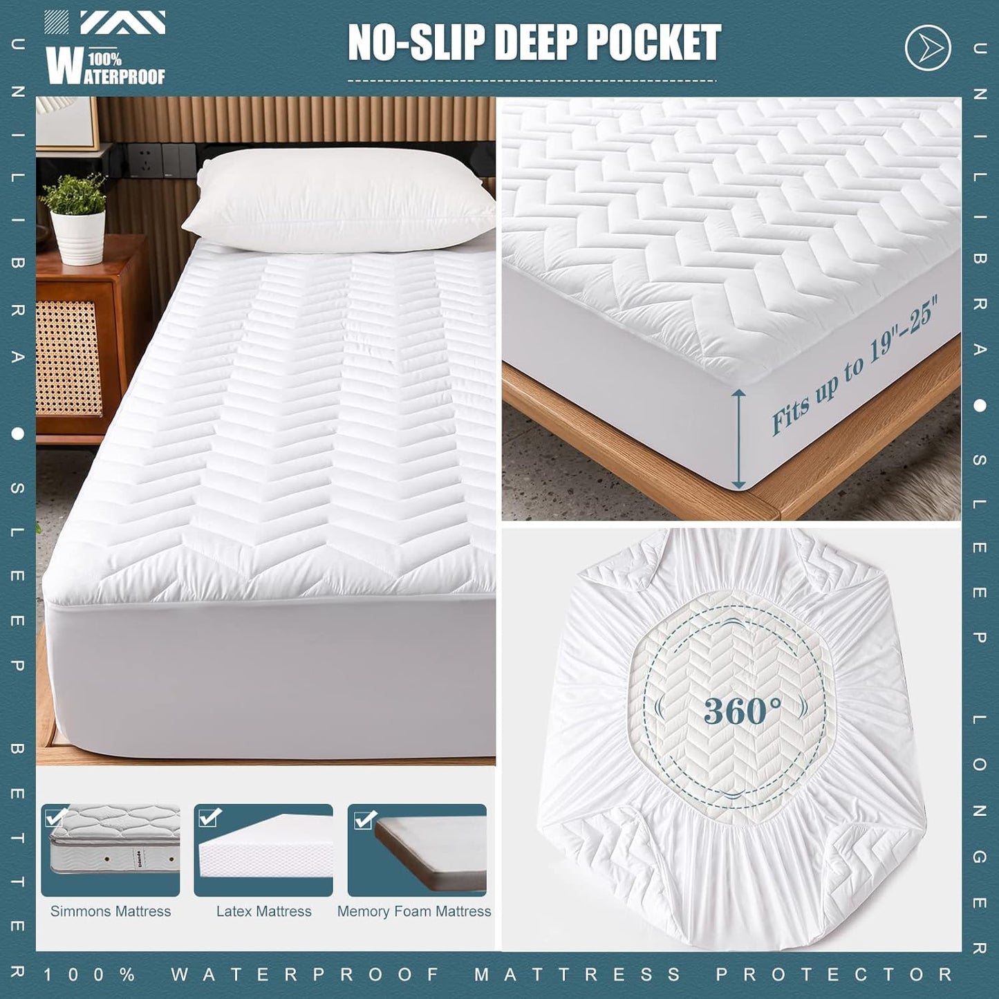 UNILIBRA Queen Mattress Protector Waterproof, Deep Pocket Mattress Pad Cover Fits to 6''-21'', Breathable Hollow Cotton Filling Quilted Mattress Protector for Queen Size