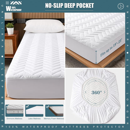 UNILIBRA Queen Mattress Protector Waterproof, Deep Pocket Mattress Pad Cover Fits to 6''-21'', Breathable Hollow Cotton Filling Quilted Mattress Protector for Queen Size