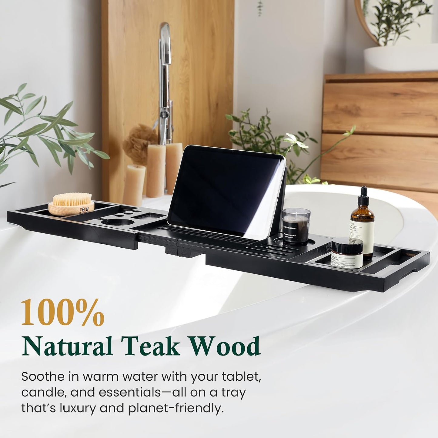 Bamboo Bathtub Tray Caddy - Splash-Proof Adjustable (28.5-40") with Wine Holder, Tablet Stand & Non-Slip Grip | Spa-Grade Organizer for Bath Essentials & Reading- Walnut