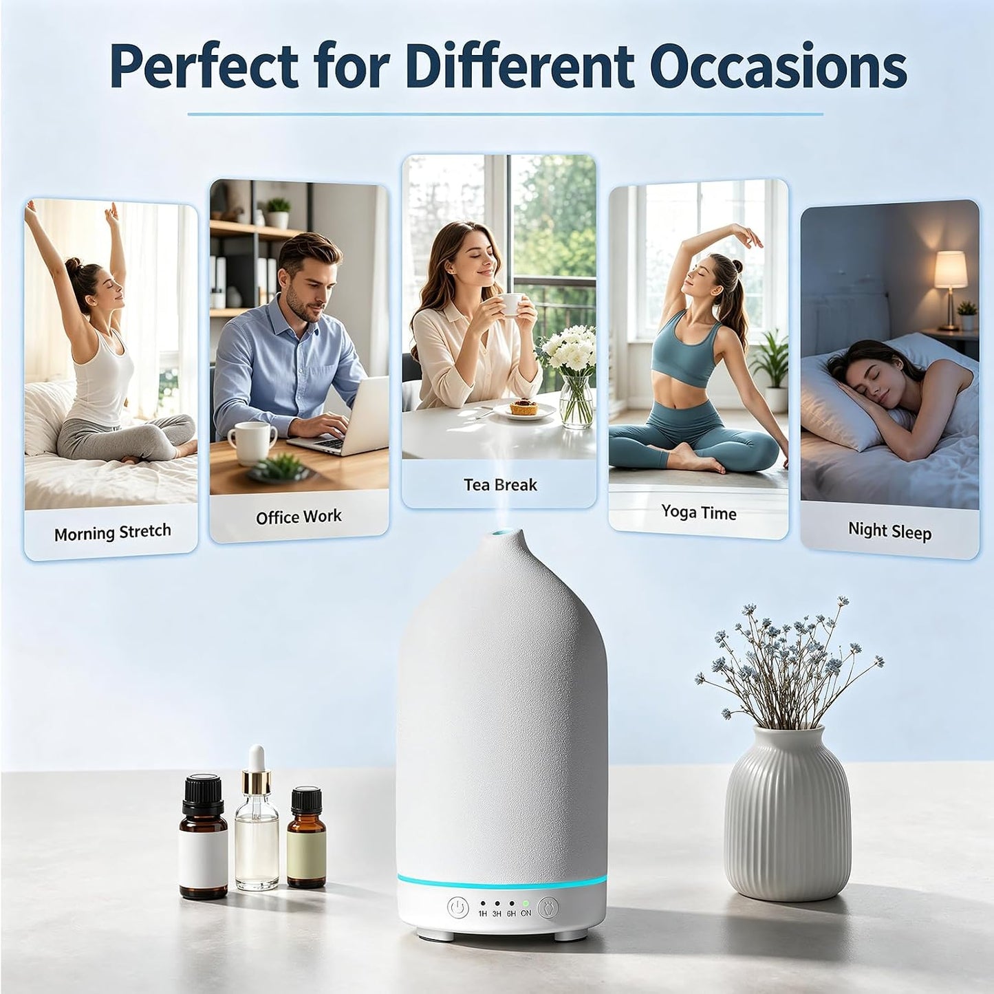Gooamp 200ML Ceramic Essential Oil Diffuser for Home - Ultrasonic Aromatherapy Diffuser Humidifier with 7 Color LED Lights, Auto Shut-Off, 3 Timers for Bedroom, Office, Yoga, Black