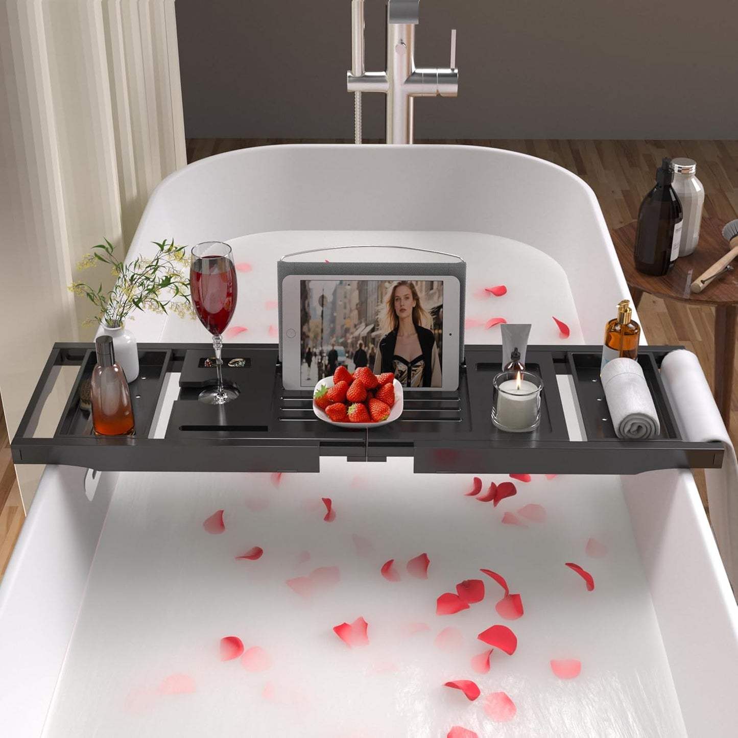Artmalle Luxury Bathtub Caddy Tray for Tub - Foldable Bamboo Bath Table Tray with Book and Wine Glass Holder, Expandable Bathroom Accessories for Spa or Reading Lite Style