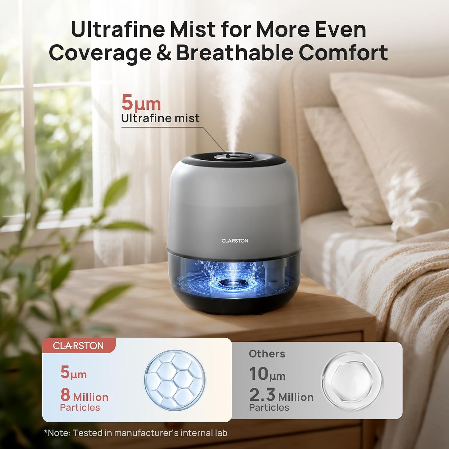 Clarston 2L Cool Mist Humidifier for Bedroom with 360° Adjustable Nozzle, High and Low Mist Levels, Ultra-Low Noise, Light-Off, No BPA, Auto Shut Off, Ideal Baby Humidifier with Easy Top Filling