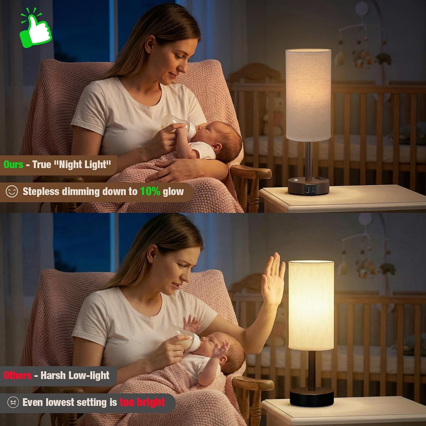 Touch Bedside Table Lamp with Memory - Stepless Dimmable Lamp for Bedroom, Small Nightstand Lamp with Dual USB Charging Ports and AC Outlet, Wood Night Light, Desk Lamp for Nursery, Living Room, Dorm