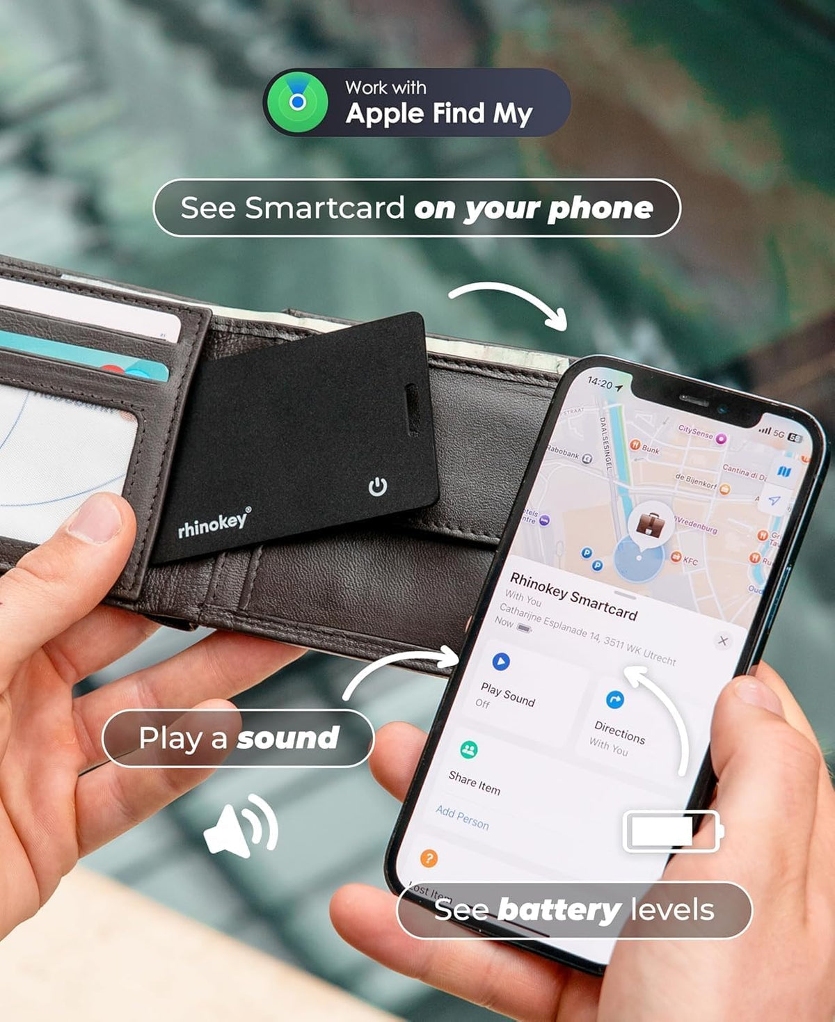 Rhinokey® Apple Find My Wallet Tracker Card, MFi Certified Bluetooth Tracker for iPhone, 0.07in Slim Credit Card Item Finder, IP68 Waterproof Rechargeable, Locator for Wallet, Luggage, Passport