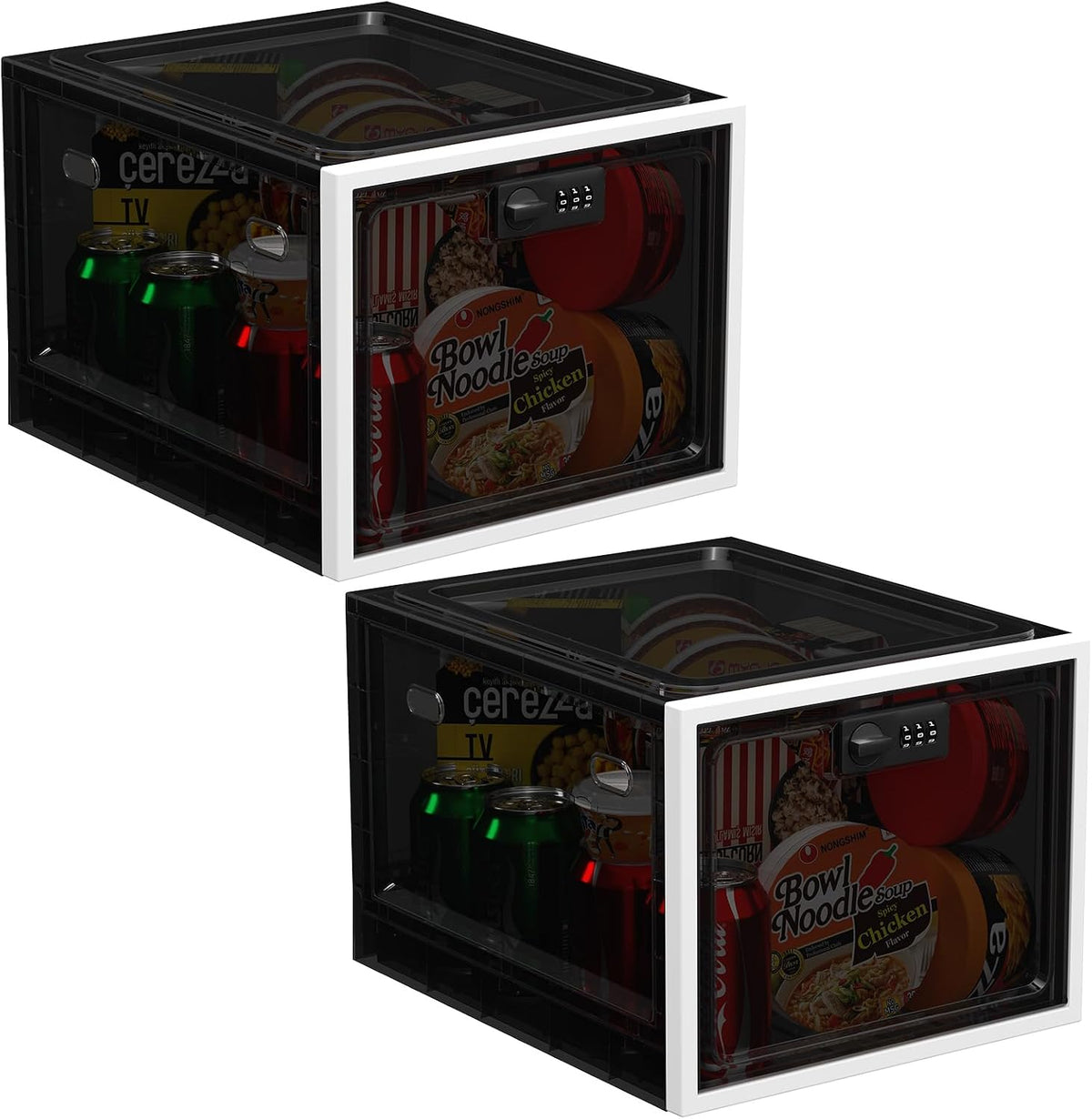 2 Pack Large Medication Lock Box with Code, Clear Lockable Storage Box for Refrigerator, Cabinet & Dorm, Stackable Medicine Box for Prescriptions, Snacks, Phone, 11.9" x 9.3" x 7.6", Black