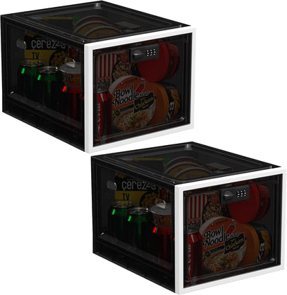 2 Pack Large Medication Lock Box with Code, Clear Lockable Storage Box for Refrigerator, Cabinet & Dorm, Stackable Medicine Box for Prescriptions, Snacks, Phone, 11.9" x 9.3" x 7.6", Black