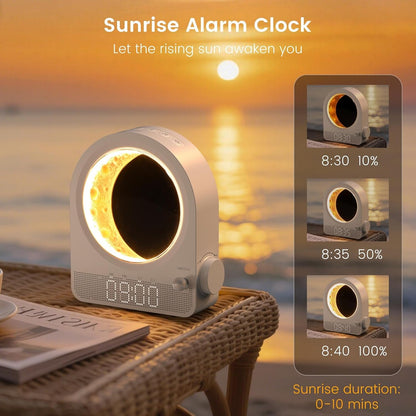 Sunrise Alarm Clock, White Noise Machine & Meteor Moonlight - 10 Soothing Sounds, Dual Alarms, 30/60/90min Timer, Easy Snooze - Bedroom Gift for Insomnia Adults/Women - Wood Grain
