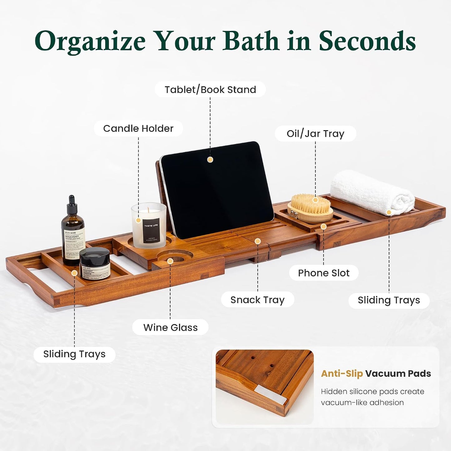 Bamboo Bathtub Tray, Bath Caddy with Wine Glass Holder, Phone Dock & Book Stand | Hands-Free Reading & Ultimate Spa Relaxation Experience-Brown