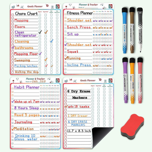 4 PCS Reusable Dry Erase Habit Tracker & Goal Planner |8.3 x 11.7''| with 6 PCS Magnetic Dry Erase Markers, Used as Fitness Planner, Reward, Behavior Chart & Chore Chart for Kids and Adults…