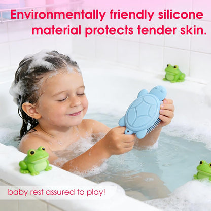 Baby Shower Brush,Kids Silicone Body and Back Exfoliating Mitt - Soft Bristles, Gentle Exfoliation, Cute Turtle Design Makes Children Love Bathing(Mint)