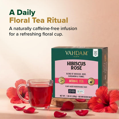 VAHDAM, Hibiscus Rose Tea Bags - 100% Whole Hibiscus Flowers Herbal Tea Bags (100 Count) With Rose, Chamomile & Exotic Spices | Caffeine Free, Floral Flavor Tisane | Resealable Ziplock Pouch