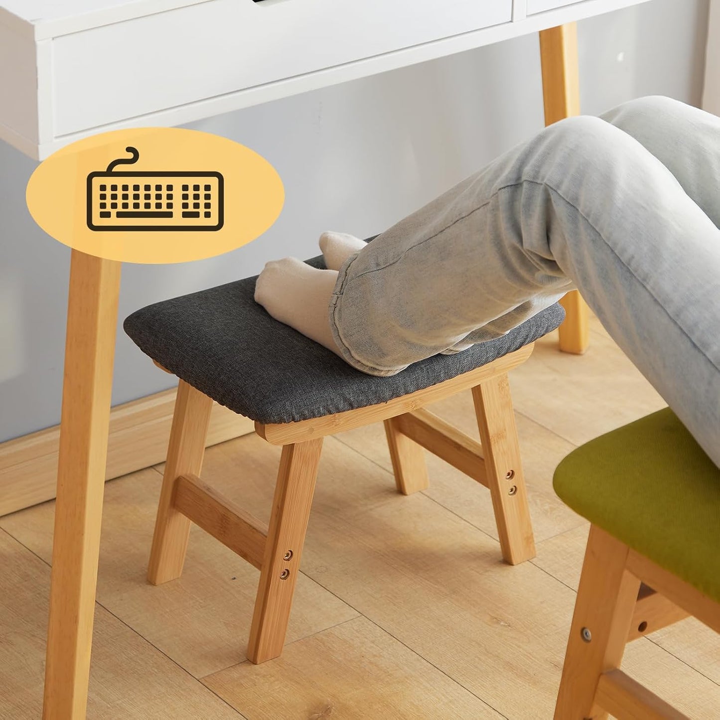 Foot Stool Ottoman Foot Rest Under Desk,Small Stool for Living Room, Bedroom and Kitchen (Brown Legs - Beige Stool Surface)